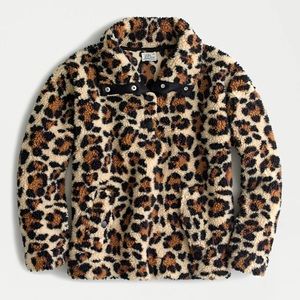 J Crew Snap-collar sherpa sweatshirt in leopard